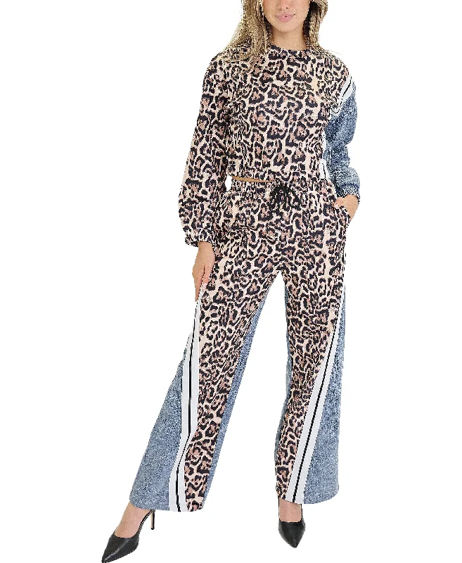 Mid-length Style Leopard & Denim Top & Pants Set- 2 Pc Set