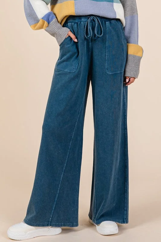 French Retro Mineral Wash French Terry Drawstring Wide Leg Pants