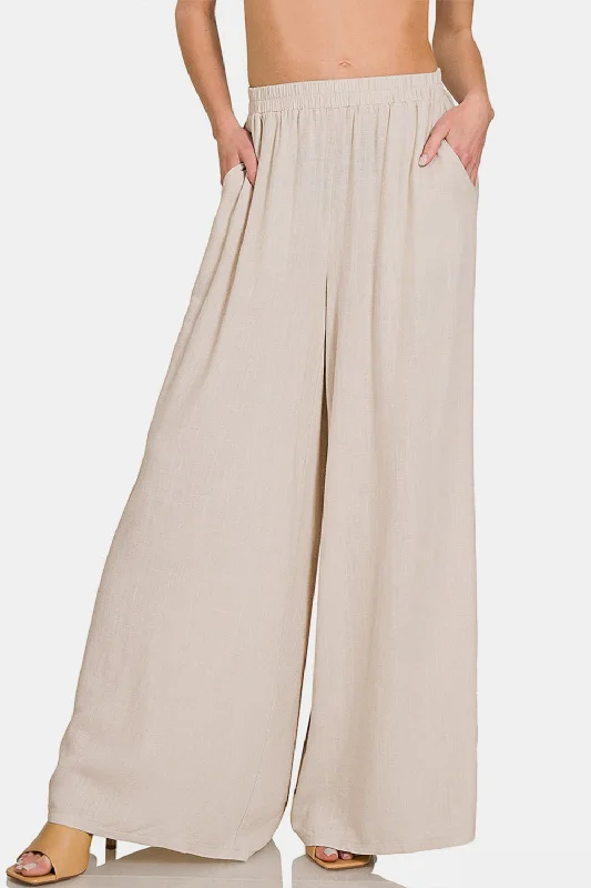 Feminine Charm Pleated Linen Blend Wide Leg Pants