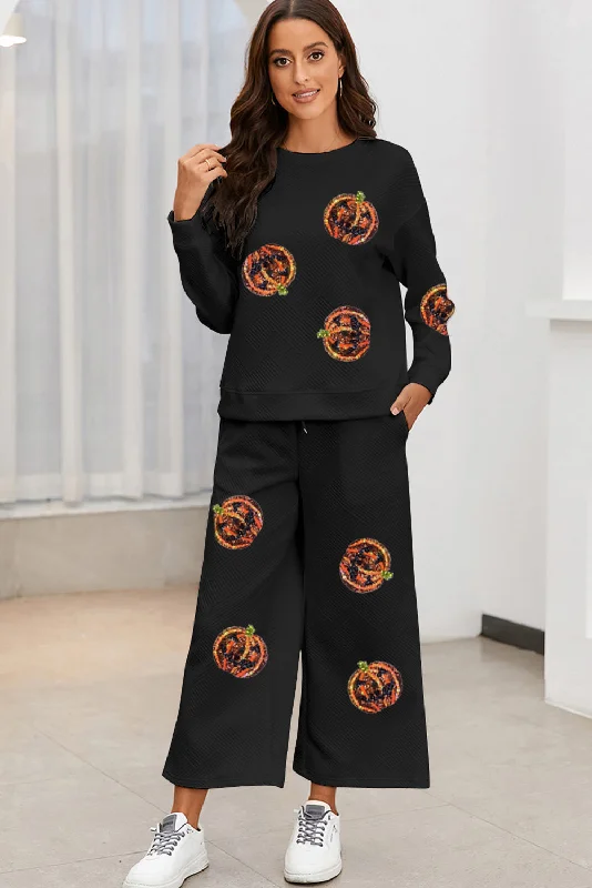 European And American Style Sequin Patch Pumpkin Top and Pants Set