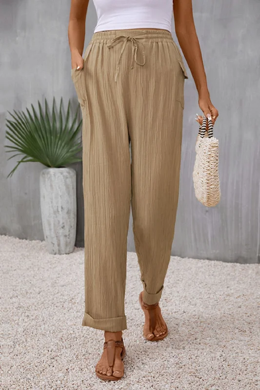 Embroidery Design Tie Waist Pocketed Long Pants
