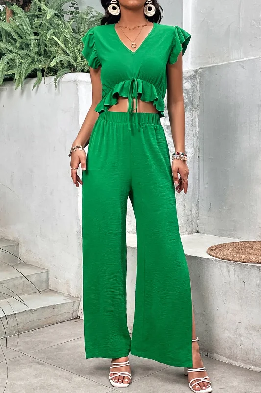 Exquisite Tailoring V-Neck Ruffle Hem Top and Slit Pants Set
